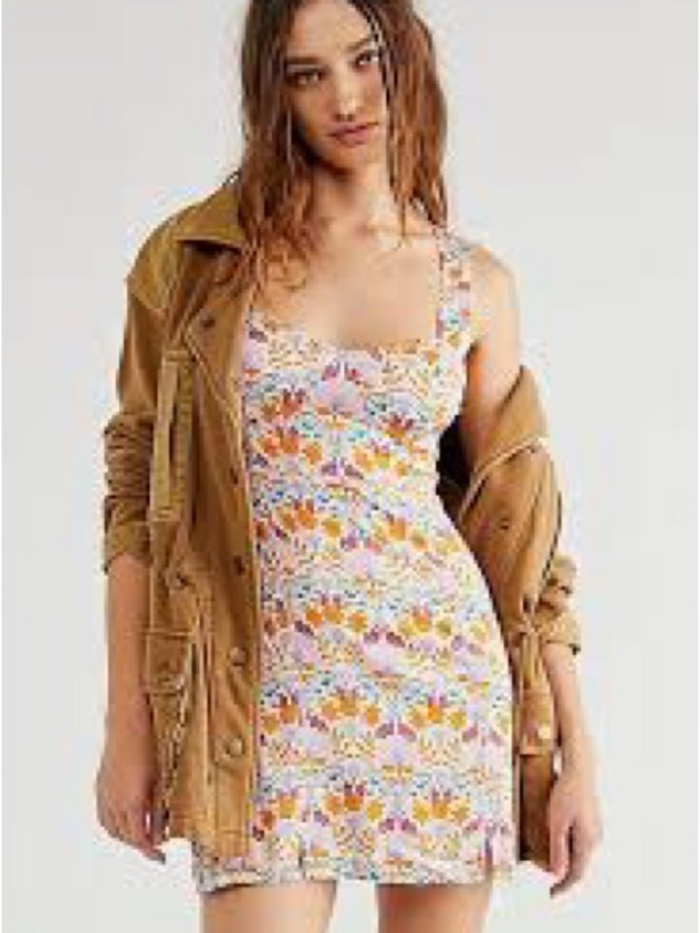 Free People White Floral Mini Dress with Pink and Orange Accents